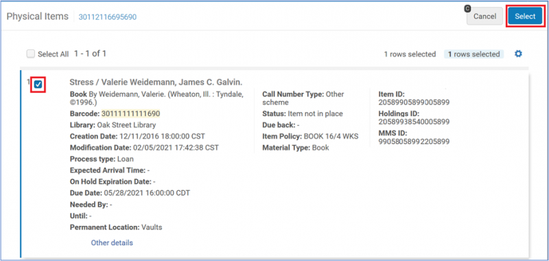Select button in the Physical Items page screen capture