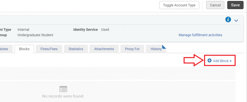 An image of the User Details screen with the Blocks tab selected and Add Block highlighted