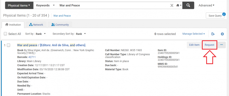 An image of an item record with the Request button highlighted
