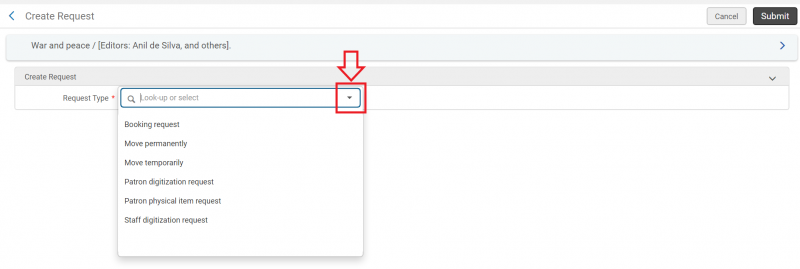 An image of the Create Request screen with the Request Type drop down menu deployed and the drop down menu arrow highlighted