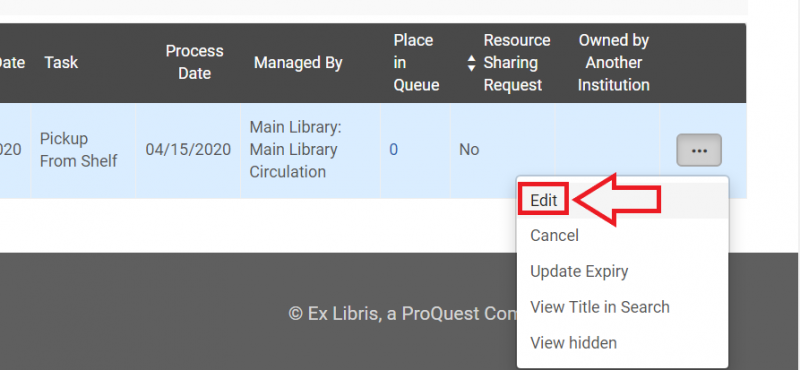 An image of the Item Requests drop down menu with Edit highlighted