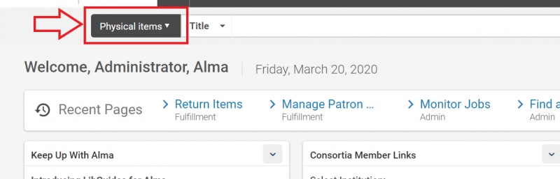 A section of the main Alma screen with the first search parameter box highlighted and displaying the phrase Physical items