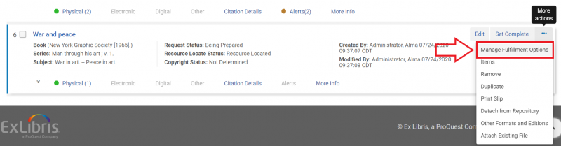 An image of a section of the Edit Reading List screen, with a title's more actions drop down menu deployed and Manage Fulfillment Options highlighted