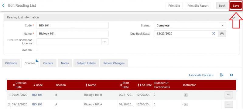 An image of the Edit Reading List screen with the save button highlighted