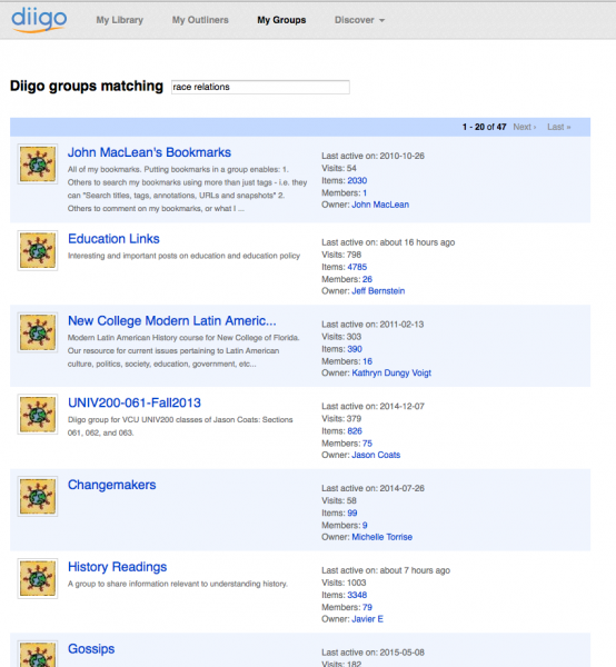 Screenshot of Diigo groups